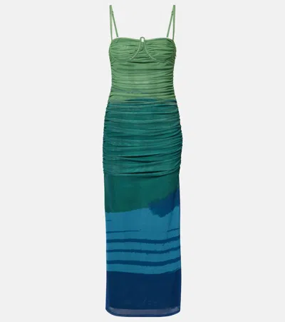 Sir Draped Printed Mesh Maxi Dress In Green
