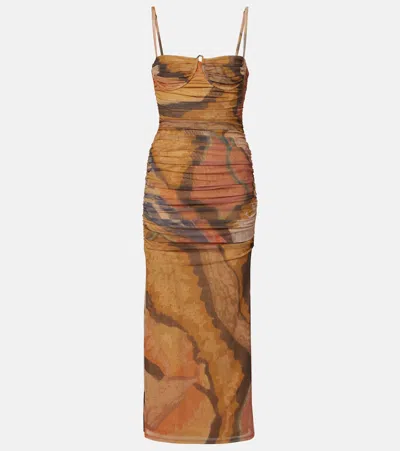Sir Draped Printed Mesh Maxi Dress In Multi