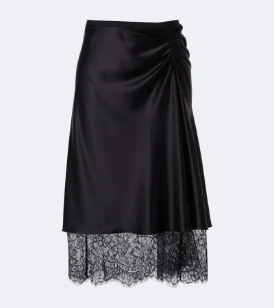 Sir Ingrid Lace-trimmed Ruched Satin Midi Skirt In Black