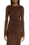 Sir Jacques Ruched Long Sleeve Mesh Top In Chocolate