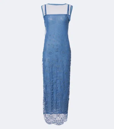 Sir Leif Embroidered Mesh Maxi Dress In Blue