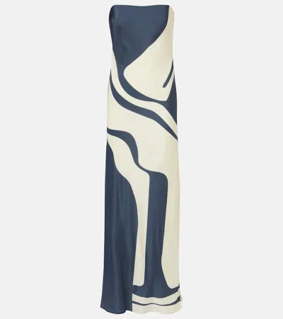 Sir Lilou Strapless Printed Silk-satin Maxi Dress In Blue
