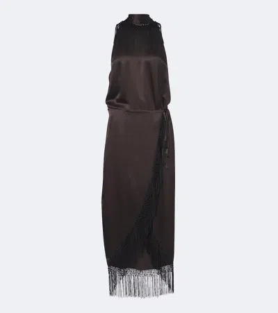 Sir Lula Fringed Asymmetric Silk Maxi Dress In Brown