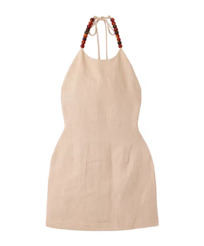 Sir Moretti Bead-embellished Linen Halterneck Mini Dress In Pink