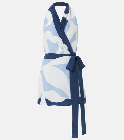Sir Portia Printed Silk Satin Wrap Dress In Blue