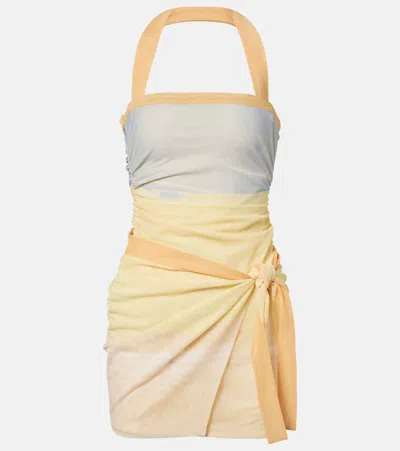 Sir Printed Halterneck Mesh Minidress In Yellow