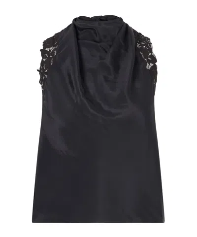 Sir Tie-detailed Lace-trimmed Satin Top In Blue