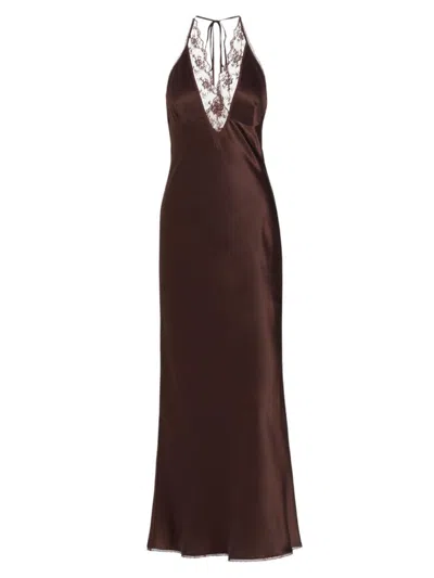 Sir Women's Aries Lace-trimmed Silk Halterneck Gown In Chocolate