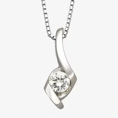 Sirena 1/5 Ct. Natural Diamond Solitaire Pendant 14k White Gold Ribbon Pendant Necklace In Silver