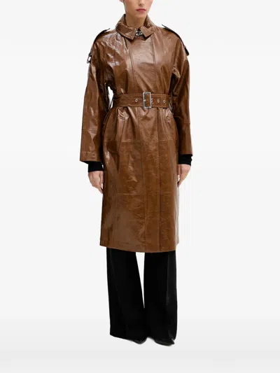 Sisley Paris Belted Crinkled-finish Coat In Brown