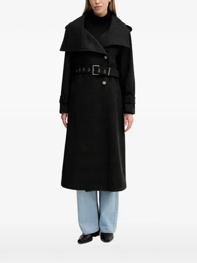 Sisley Paris Belted Long-sleeve V-neck Coat In Black