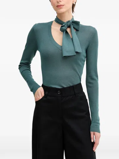 Sisley Paris Bow-detail V-neck Sweater In Green