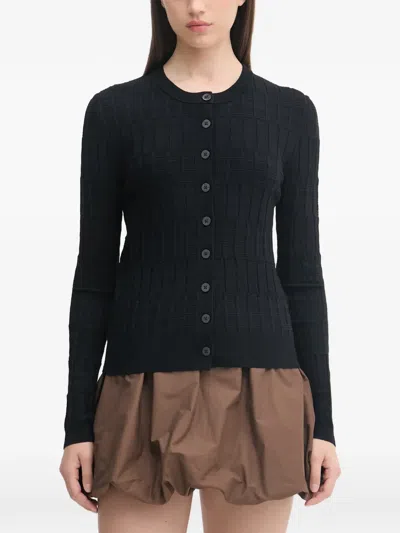 Sisley Paris Check-knit Button-up Cardigan In Black
