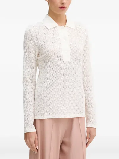 Sisley Paris Crochet-knit Long-sleeve Polo Shirt In White