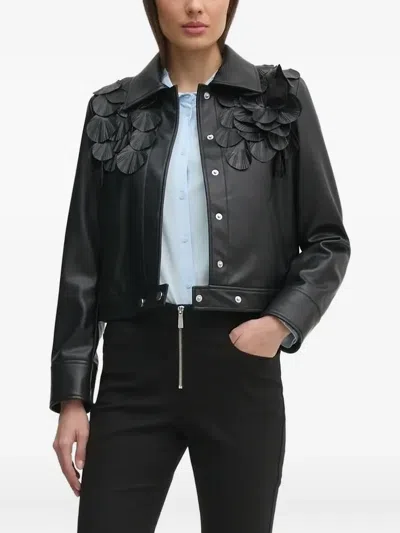Sisley Paris Floral-embellished Leather Jacket In Multi