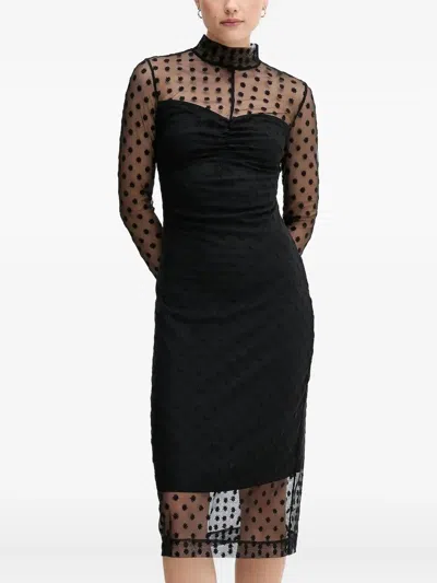 Sisley Paris Floral-embroidered High-neck Midi Dress In Black