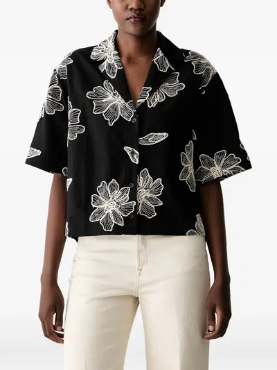Sisley Paris Floral-embroidered Short-sleeve Shirt In Black