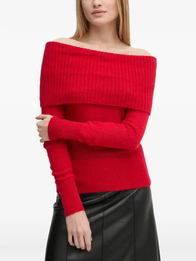 Sisley Paris Off-shoulder Ribbed-knit Sweater In Red