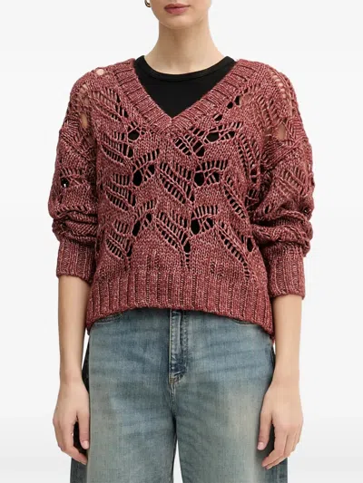 Sisley Paris Open-knit V-neck Sweater In Brown