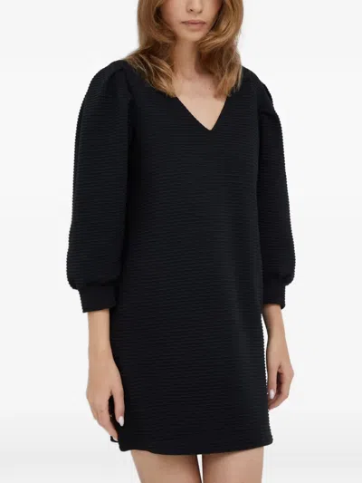 Sisley Paris Ribbed Puff-sleeve Mini Dress In Black