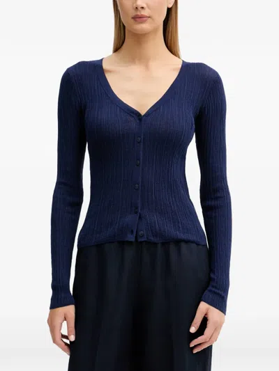 Sisley Paris Ribbed-knit Long-sleeve Cardigan In Blue