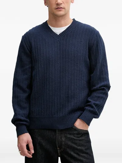 Sisley Paris Ribbed-knit V-neck Sweater In Blue