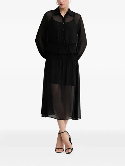 Sisley Paris Ruffled Buttoned Midi Shirt Dress In Black