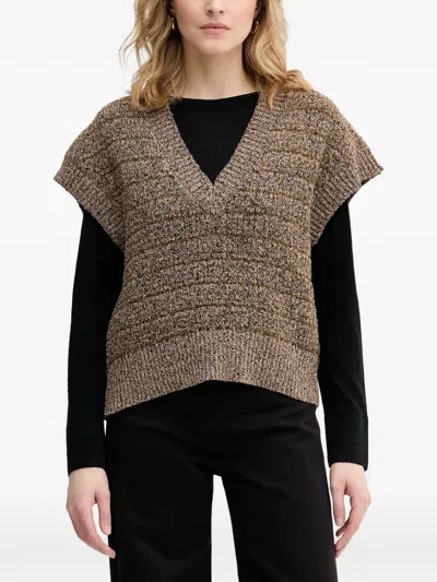 Sisley Paris Striped V-neck Sweater Vest In Brown