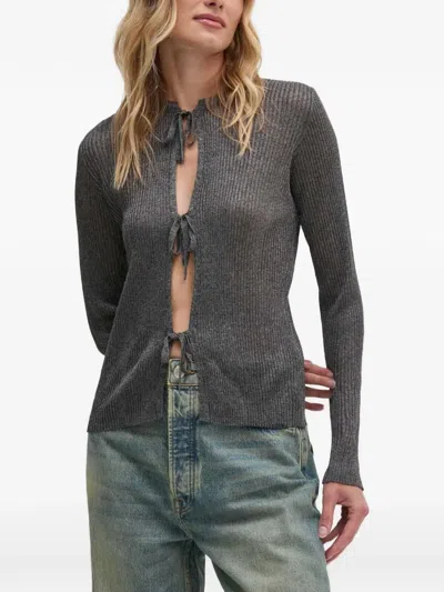 Sisley Paris Tie Rib Cardigan In Gray