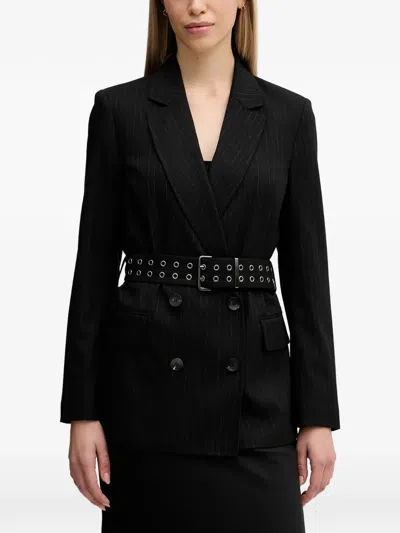 Sisley Paris V넥 핀스트라이프 벨트 재킷 In Black