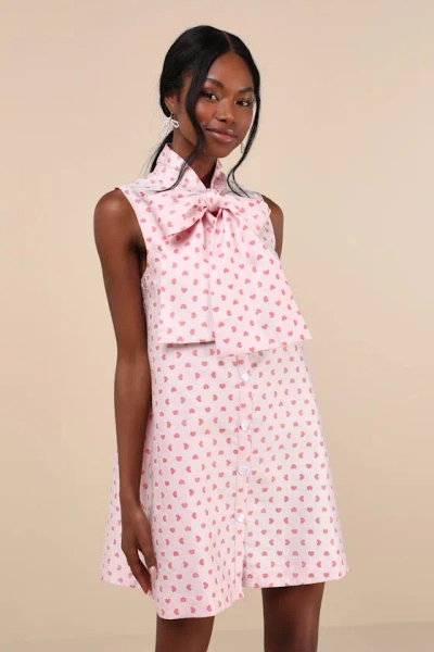 Sister Jane Canter Pink Heart Jacquard Tie Neck Button-front Bow Mini Dress
