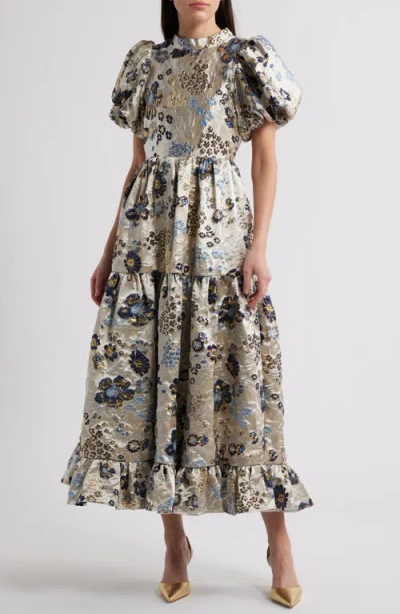 Sister Jane Carp Metallic Floral Puff Sleeve Maxi Dress In Gold