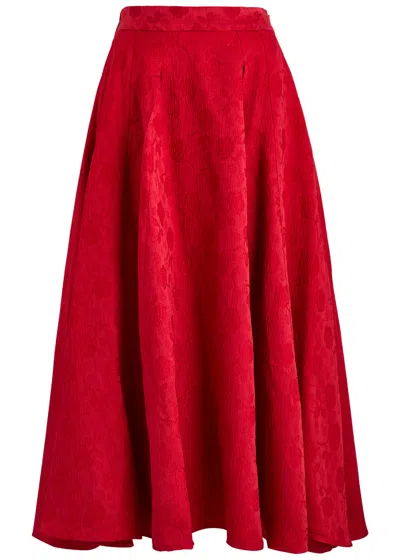 Sister Jane Charm Floral-jacquard Cloqué Midi Skirt In Red