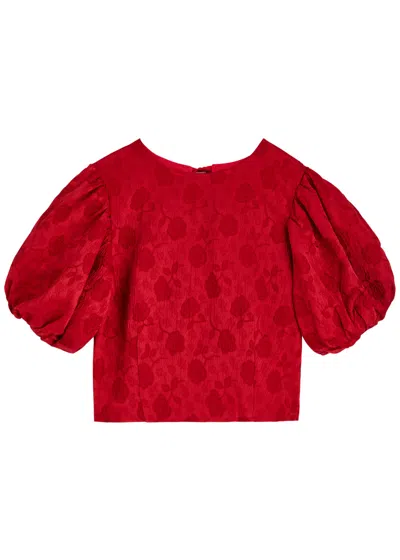Sister Jane Charm Floral-jacquard Cloqué Top In Red