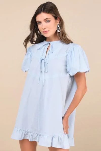Sister Jane Darling Drawstring Blue Puff Sleeve Shift Mini Dress