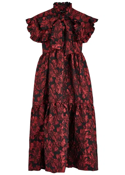 Sister Jane Fantasy Floral-jacquard Satin Midi Dress In Red