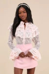 Sister Jane Filly Blush Pink Sheer Lace Ruffled Button-up Top In Blush Pink