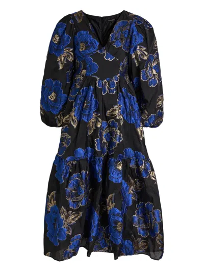 Sister Jane Floral-jacquard V-neck Midi Dress In Blue