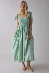 Sister Jane Grassland Bow-tie Strap Shirred Midi Dress In Light Green, Women's At Urban Outfitters