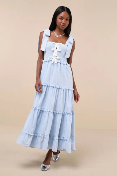 Sister Jane Kansas Blue Striped Tiered Smocked Tie-strap Bow Midi Dress