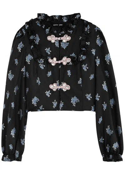 Sister Jane Onyx Floral-jacquard Woven Blouse In Blue