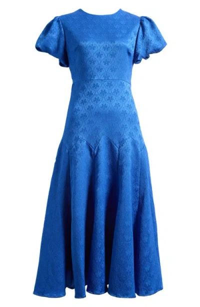 Sister Jane Oriel Geo Floral Satin Jacquard Dress In Blue