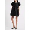 Sister Jane Oyster Jacquard Tie Waist Puff Sleeve Minidress In Black