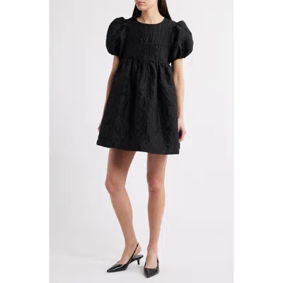 Sister Jane Oyster Jacquard Tie Waist Puff Sleeve Minidress In Black