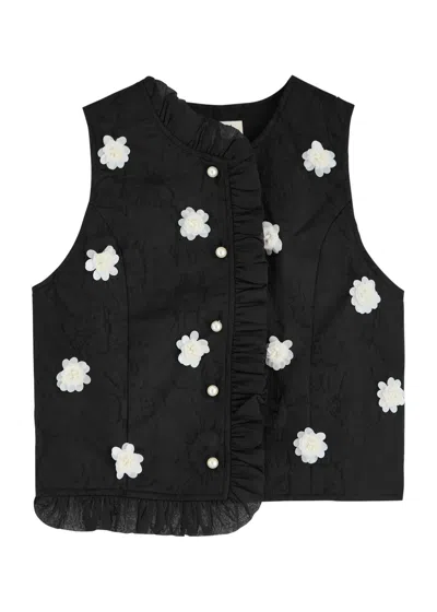 Sister Jane Plume Floral-embellished Woven Top In Black