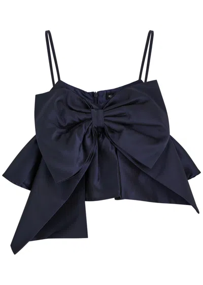 Sister Jane Pointe Bow-embellished Taffeta Top In Navy