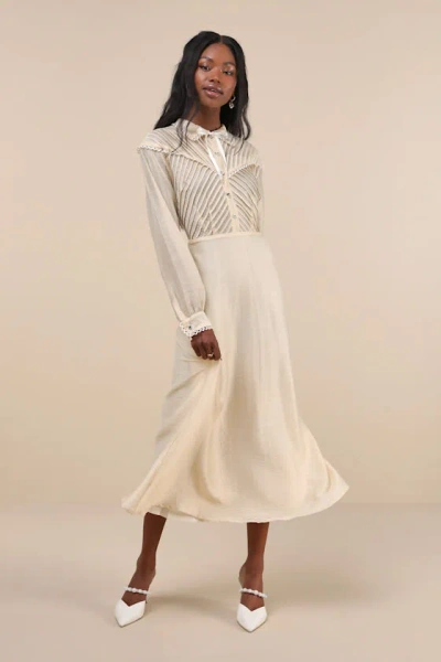 Sister Jane Pony Cream Sheer Pintuck Lace Long Sleeve Collared Midi Dress In White