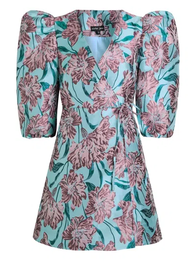 Sister Jane Puffed-sleeve Floral-print Dress In Blue