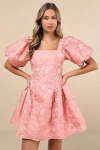 Sister Jane Recital Pink Jacquard Floral Puff Sleeve Mini Dress In Pink