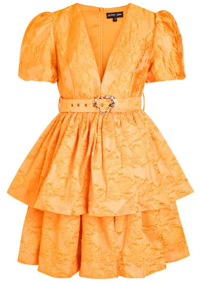 Sister Jane Sol Belted Floral-jacquard Cloqué Mini Dress In Orange